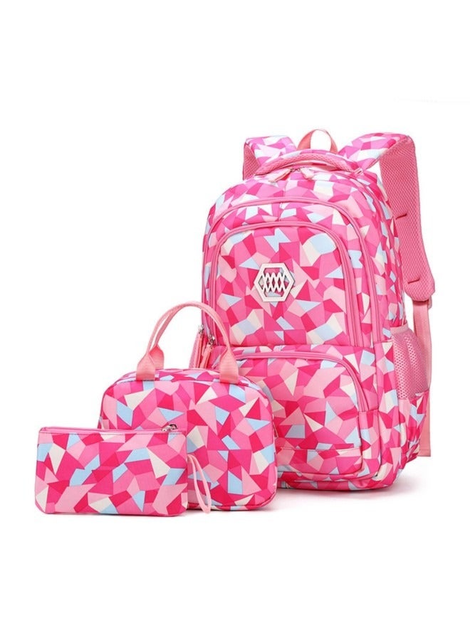 3Pcs School Bags,Children School Backpack,Geometric Print Backpack,School Bags for Teenagers,Large Capacity Backpack,Waterproof Backpacks,3 in 1 School Bag,Lunch Bag and Pencil Case (Red)