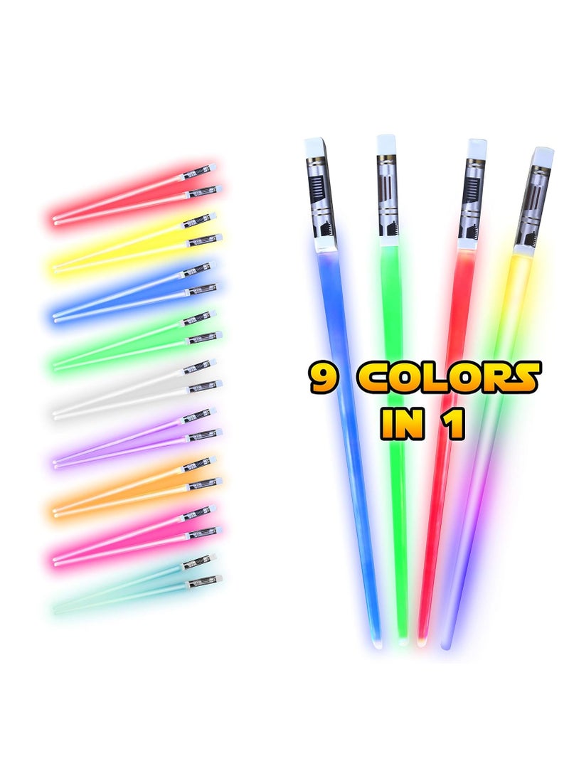 LED Light Up Lightsaber Chopsticks, 2 Pairs 9 Colors, Reusable Durable Eco-Friendly Lightweight Portable BPA Free Food Safe Kitchen Dinner Party Utensil Tableware Toy Gift