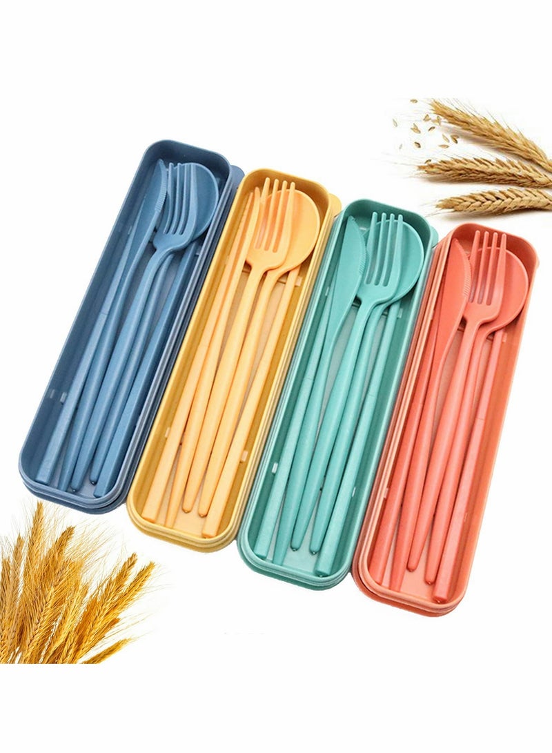Wheat Straw Cutlery, 4 Sets Portable Cutlery Set, Reusable Travel Flatware Set, for Lunch Boxes Workplace Camping School Picnic or Daily Use(4 Colors, With Storage Box)
