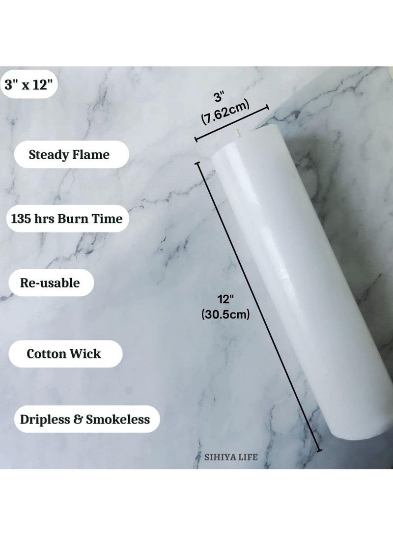 Set of 2 White Pillar Candles| 3 x 12 inch | Unscented & Dripless Candles for Decor, Events, Restaurants | Natural Wax with Cotton Wicks | 135 hrs/candle Burn Time