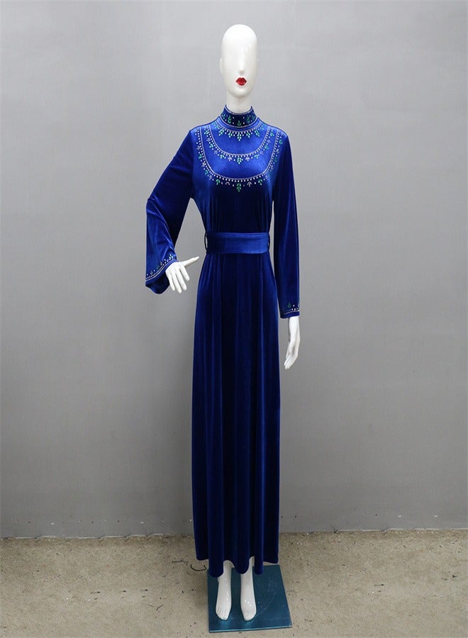 Velvet Zipper Dress Jalabiya  Musilm Blue