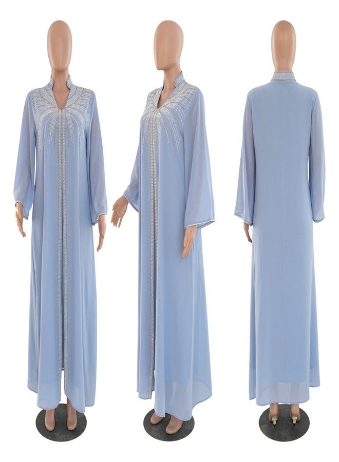 Long Sleeved Hot Diamond Dress Dress Jalabiya  Musilm  Grey blue,