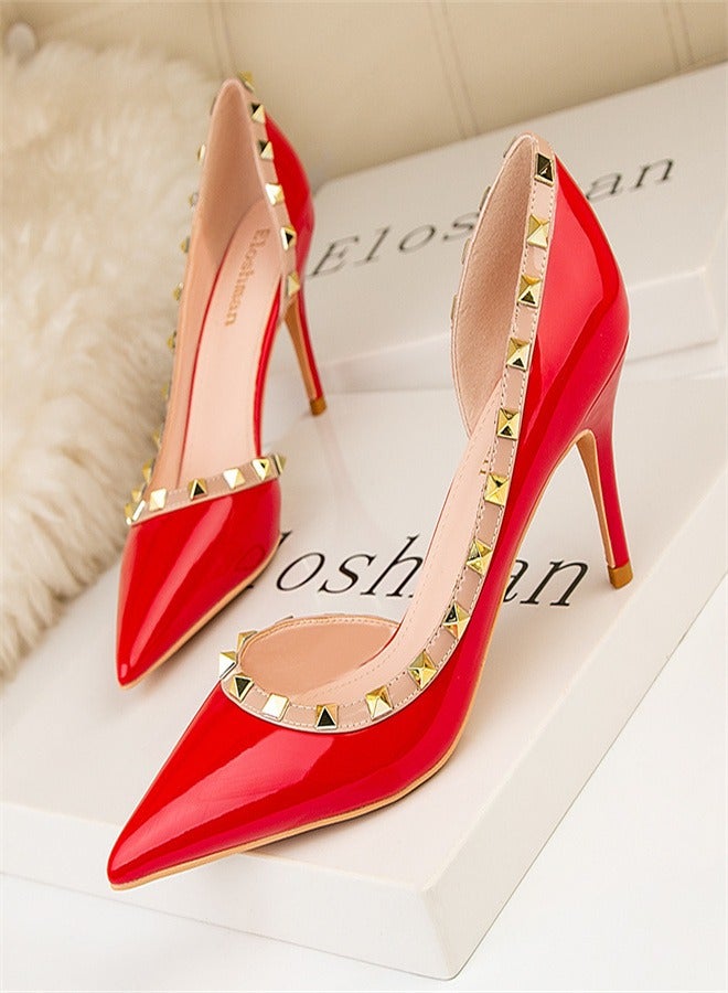 Fashionable Rivet Shallow Cut Pointed Side Hollowed Out Women's Thin Heel High Heels Red