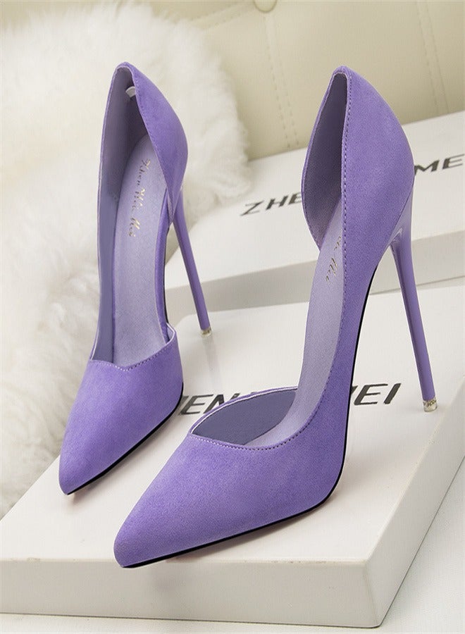 10cm Fashionable And Minimalist Slim Heel Suede Shallow Mouthed Pointed Women's Singles ShPurpleoes