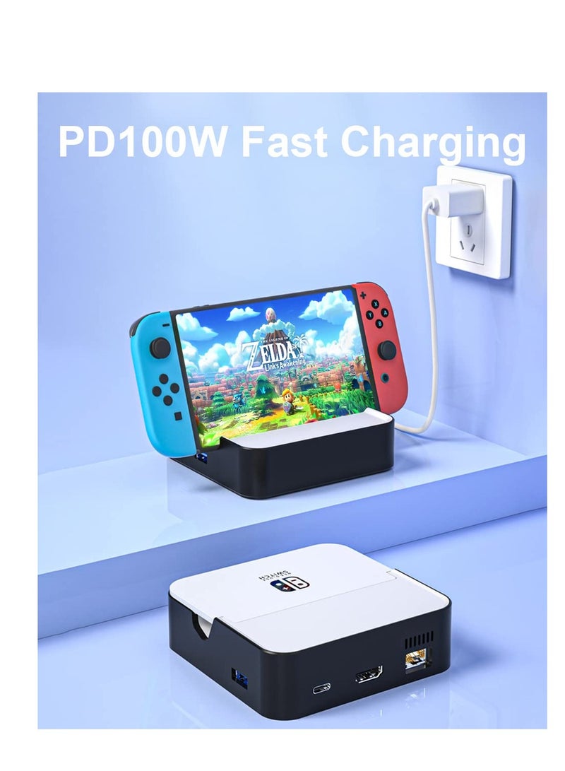 TV Docking Station for Nintendo Switch/Nintendo Switch OLED Model, 6-in-1 Switch Dock with HDMI 2.0, 100Mbps Ethernet, 2 USB-A 2.0, 1 USB 3.0, Foldable TV Dock with 100W USB-C Charging (Black)