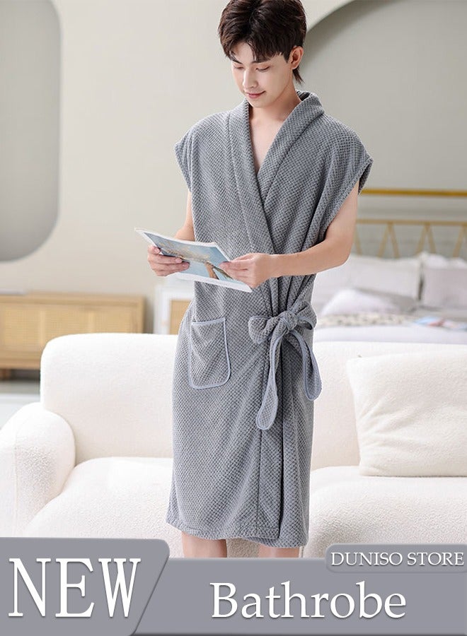 Men's Bath Robe, Wearable Bath Towel with Side Pocket Wrap Shower Wrap Towel Dress Bathrobe Waffle Spa Towel Robes with Adjustable Closure Quick Dry Lightweight Cover Up