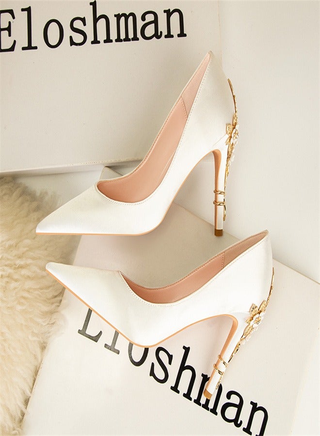 Fashionable Floral Slim Heeled Pointed High Heeled Single Shoes White