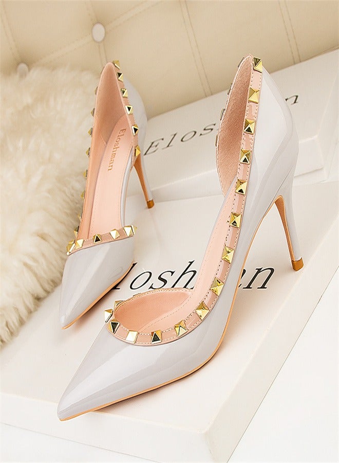 Fashionable Rivet Shallow Cut Pointed Side Hollowed Out Women's Thin Heel High Heels grey