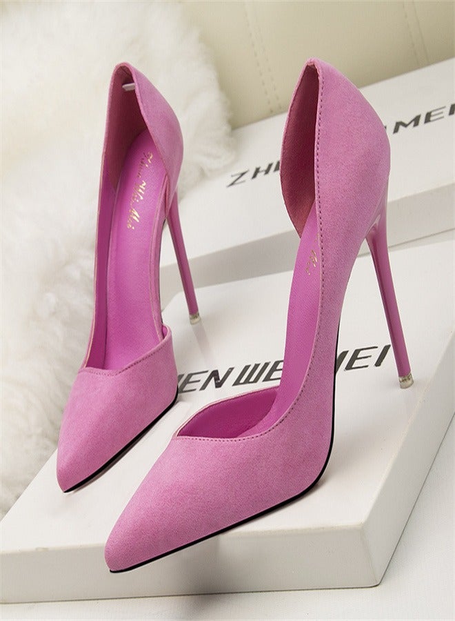 10cm Fashionable And Minimalist Slim Heel Suede Shallow Mouthed Pointed Women's Singles Shoes Rose red.