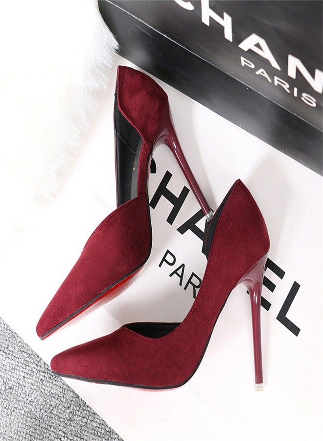 10cm Fashionable And Minimalist Slim Heel Suede Shallow Mouthed Pointed Women's Singles Shoes Wine Red