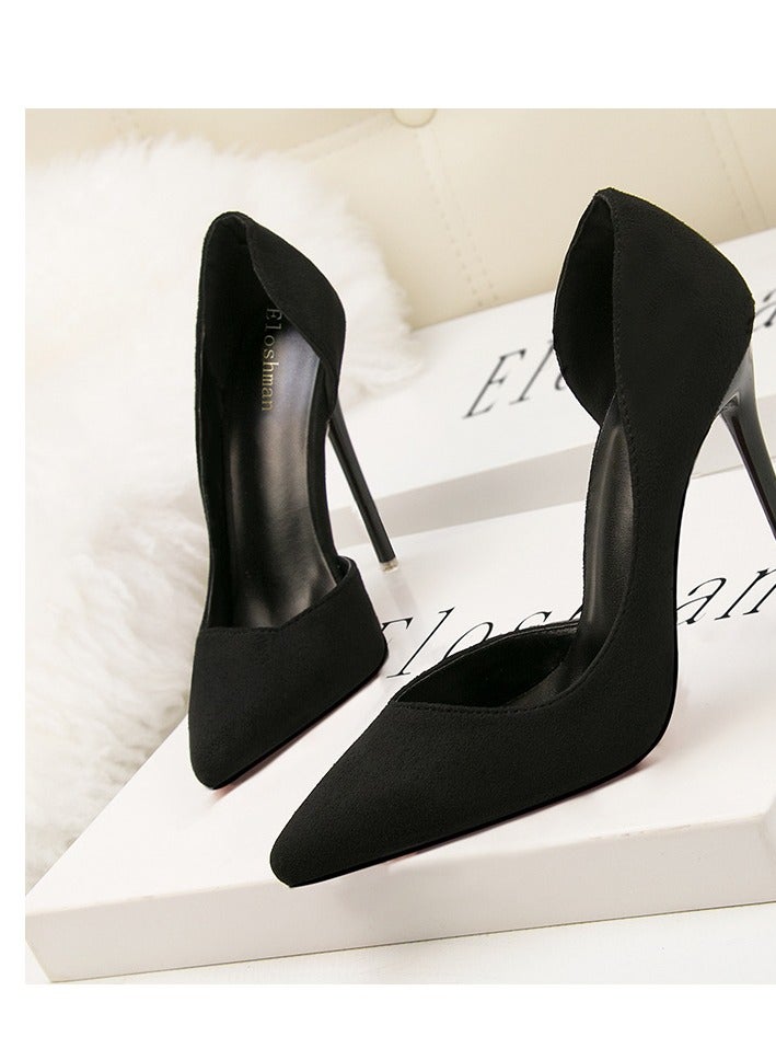 10cm Fashionable And Minimalist Slim Heel Suede Shallow Mouthed Pointed Women's Singles Shoes Black