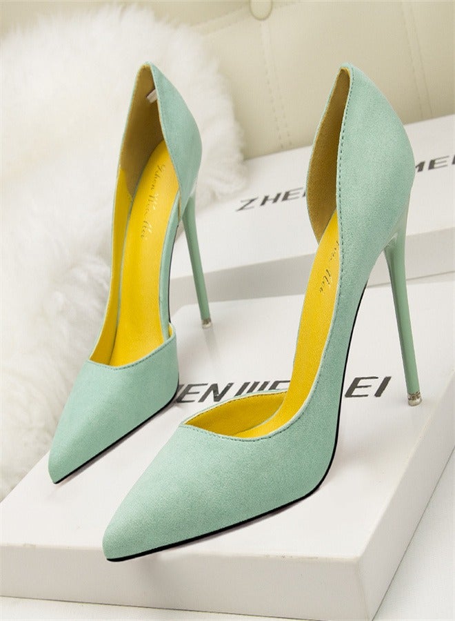 10cm Fashionable And Minimalist Slim Heel Suede Shallow Mouthed Pointed Women's Singles Shoes Green