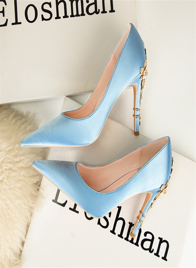Fashionable Floral Slim Heeled Pointed High Heeled Single Shoes Blue