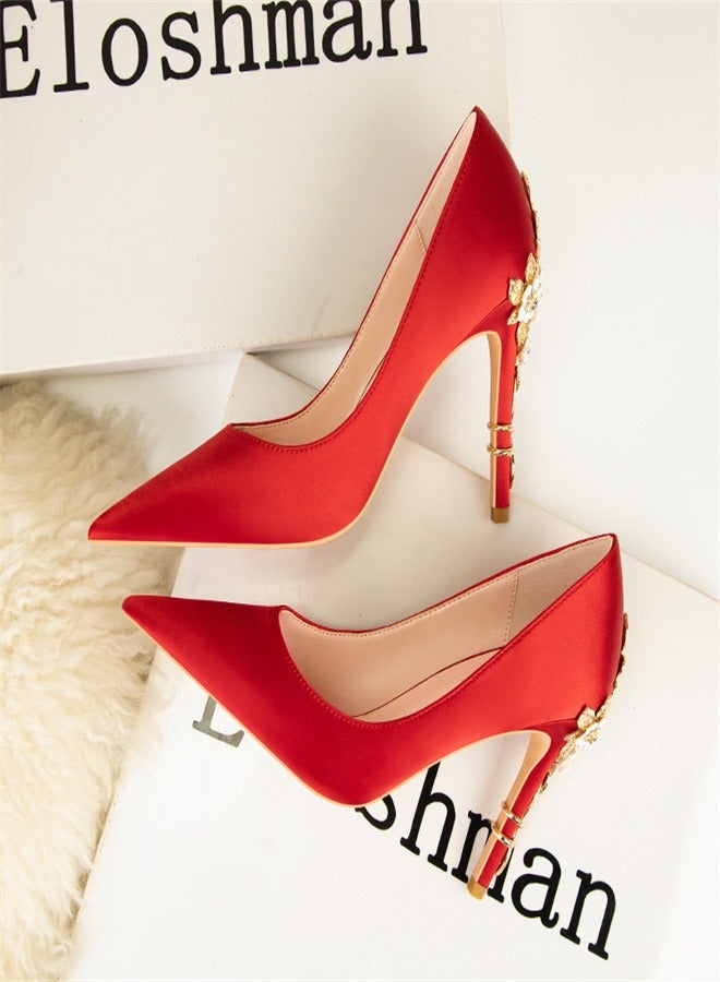 Fashionable Floral Slim Heeled Pointed High Heeled Single Shoes Red