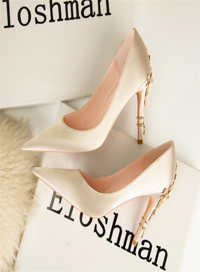 Fashionable Floral Slim Heeled Pointed High Heeled Single Shoes Gold