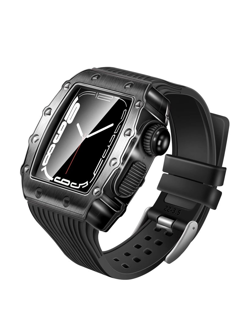 Luxury Designer Rugged Case with Band Compatible for Apple Watch Band 44mm 45mm, Metal Protective Cover Case with Silicone Strap Shockproof Bumper for iWatch Series 8 7 45mm and SE 6 5 4 44mm