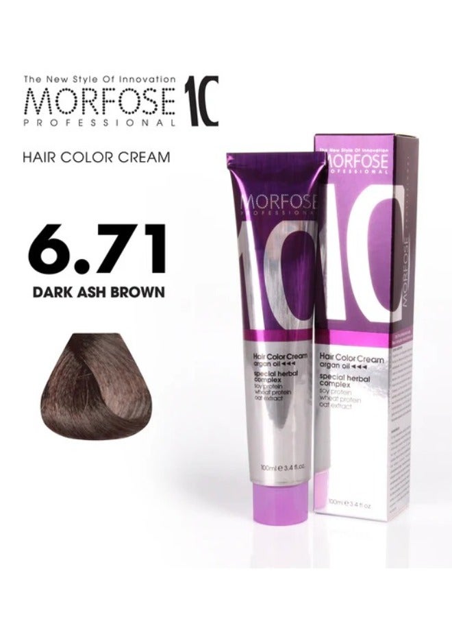 Morfose 10 Hair Color Cream with Argan Oil - 6.71 Dark Ash Brown, 100ml
