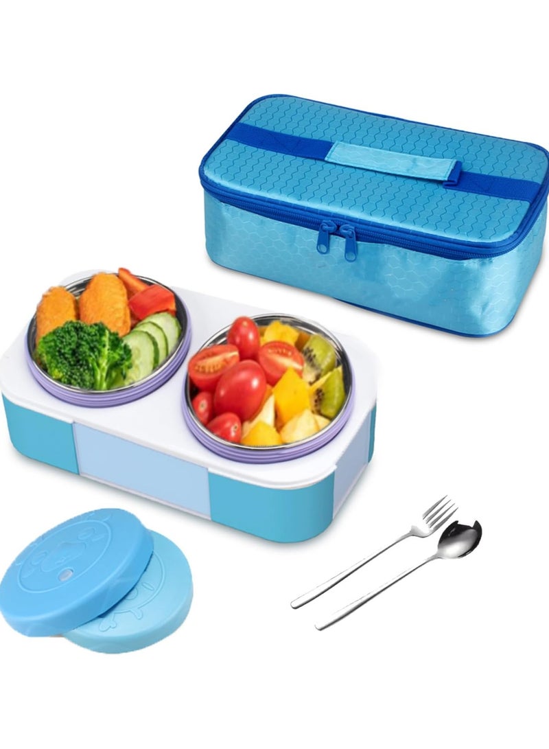 Stainless Steel Lunch Box for Kids Adults,Insulated Bento Lunch Box with Tableware & Bag,800ML 2 Compartment Divided Lunch Containers with Lids,Leakproof | BPA Free | Dishwasher Safe（800ML,Blue）
