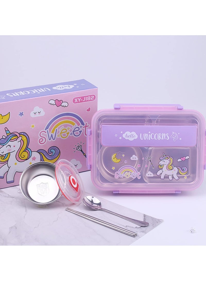 Kids Lunch Box with Tableware,Customed for Kids Cartoon Bento Lunch Box，1100ml 4 compartment Insulated Lunch Box for Children | Leakproof | BFA Free | Dishwasher | Stainless Steel 26x20x7cm (Unicorn)
