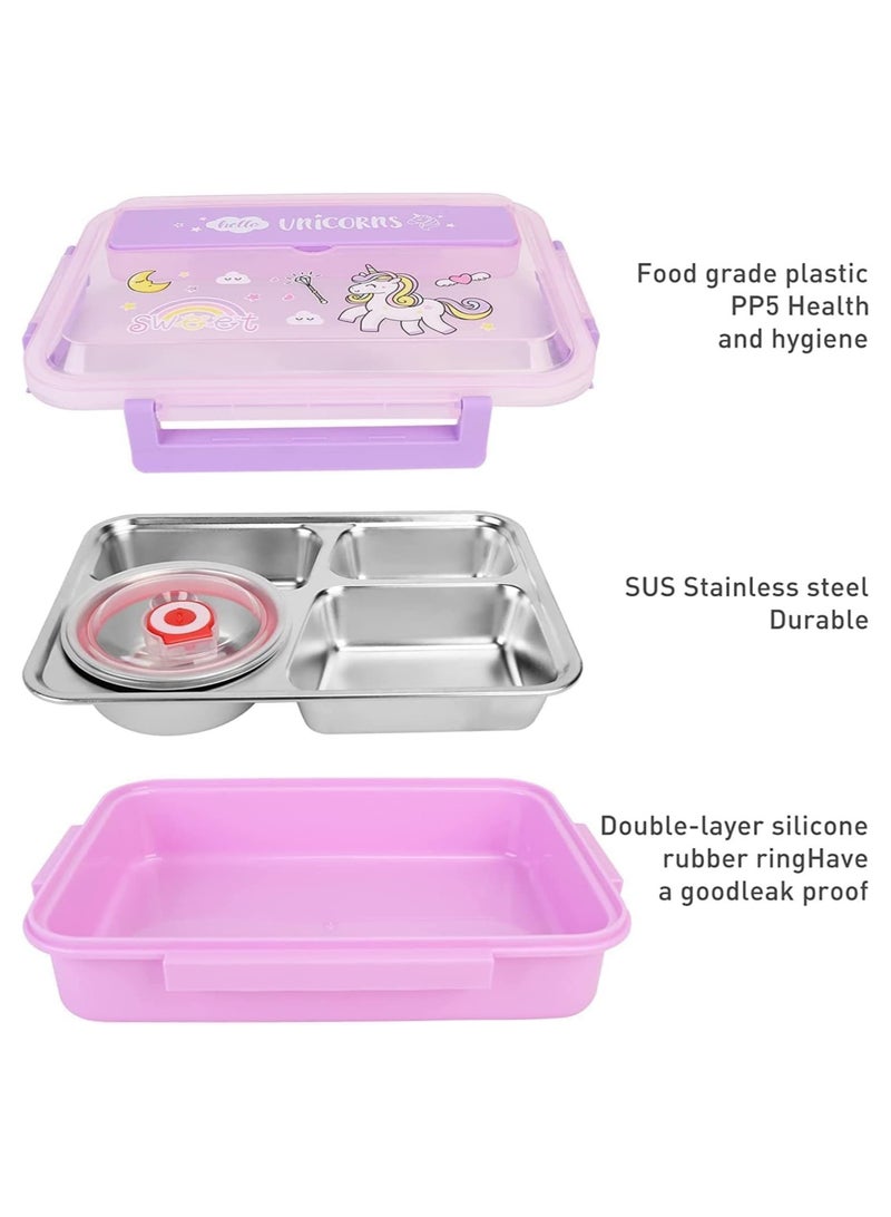 Kids Lunch Box with Tableware,Customed for Kids Cartoon Bento Lunch Box，1100ml 4 compartment Insulated Lunch Box for Children | Leakproof | BFA Free | Dishwasher | Stainless Steel 26x20x7cm (Unicorn)