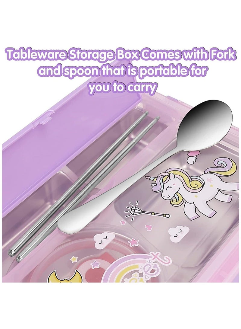 Kids Lunch Box with Tableware,Customed for Kids Cartoon Bento Lunch Box，1100ml 4 compartment Insulated Lunch Box for Children | Leakproof | BFA Free | Dishwasher | Stainless Steel 26x20x7cm (Unicorn)