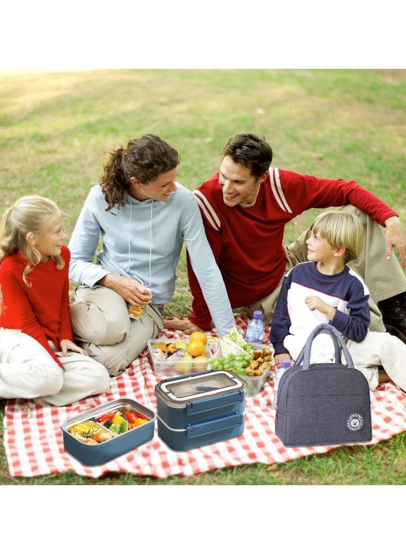 Stainless Steel Lunch Box - Insulated Bento Box Multifunctional Containers Food Containers with 2 Compartments,Tableware, Nylon insulation bag (1.6L Blue)