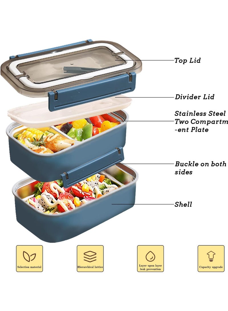 Stainless Steel Lunch Box - Insulated Bento Box Multifunctional Containers Food Containers with 2 Compartments,Tableware, Nylon insulation bag (1.6L Blue)