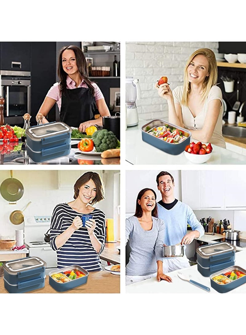 Stainless Steel Lunch Box - Insulated Bento Box Multifunctional Containers Food Containers with 2 Compartments,Tableware, Nylon insulation bag (1.6L Blue)