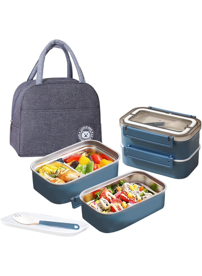 Stainless Steel Lunch Box - Insulated Bento Box Multifunctional Containers Food Containers with 2 Compartments,Tableware, Nylon insulation bag (1.6L Blue)
