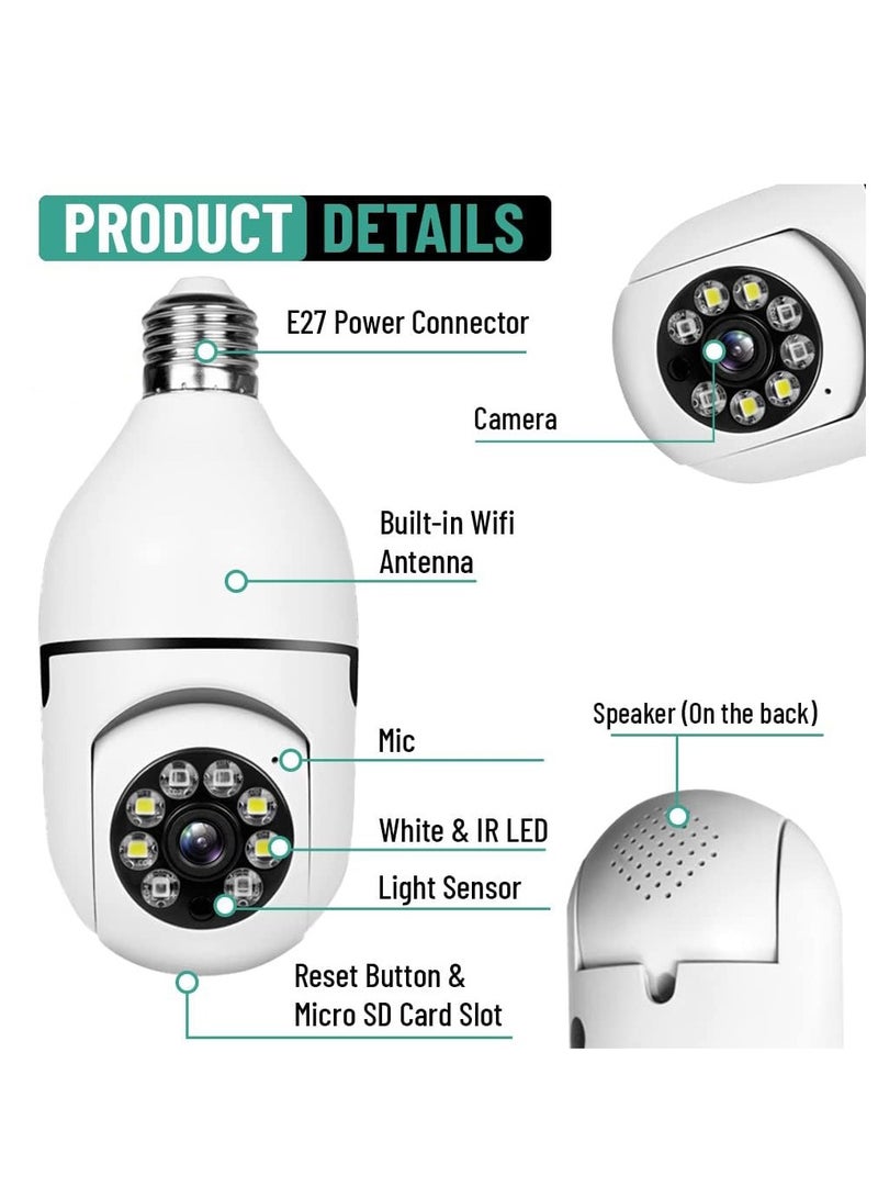 Wireless Home Camera Light Bulb Camera 360 Degree Full HD 1080P Smart Home Camera Smart Night Vision Two Way Audio Smart Motion Detection Real Time Alert Recording