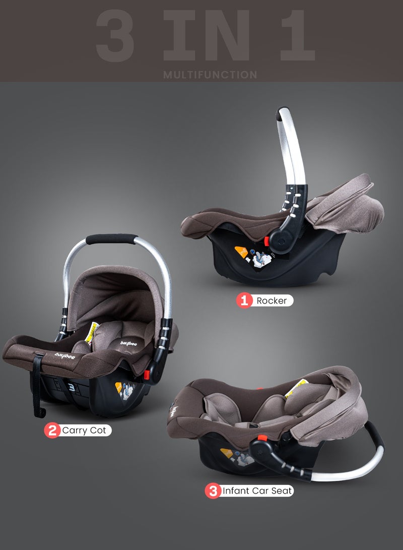 3 in 1 Multi Purpose Baby Carry Cot n Car Seat with Aluminium Handle, Canopy, Adjustable Handle, 3 Point Safety Belt Rocker for Infant Baby Carry Cot for New Born Baby 0 to 15 Months Brown