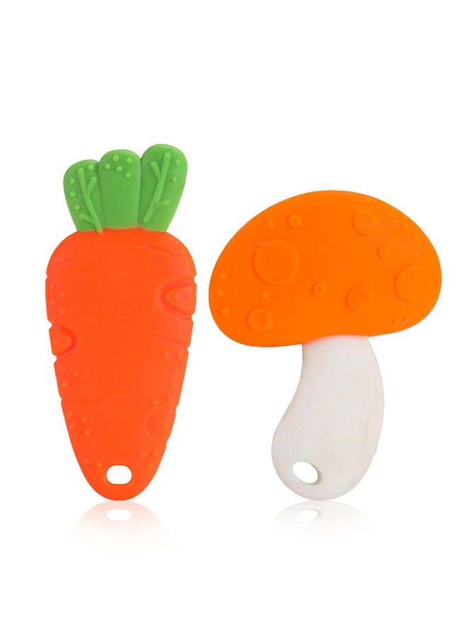 Baby Silicone Teether For Teething Gums Teething Toy With Textured Surface For Infants And Babies 100% Food Grade Silicone Carrot & Mushroom Design Pack Of 2 (Orange White & Green)
