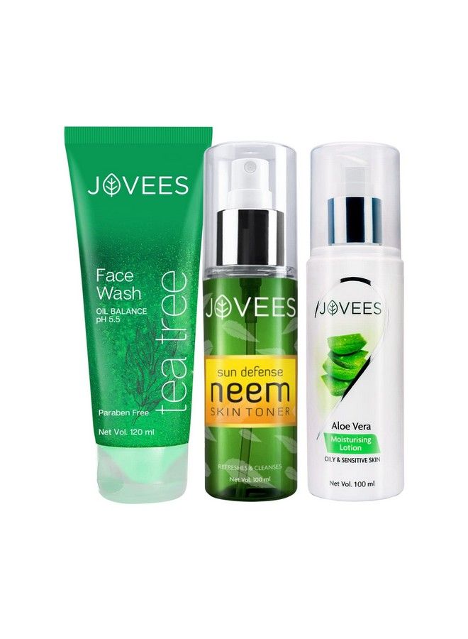 Oily Skin Routine (Set Of 3) Teatree Face Wash & Neem Toner And Aloe Vera Moisturising Lotion