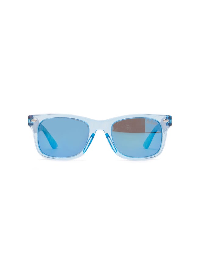 Polarized PC Blue Mirror with Wayfarer type, Round Shape
44-19-130 mm Size, 0.74MM POLARZIED Lens Material, Blue Frame Color