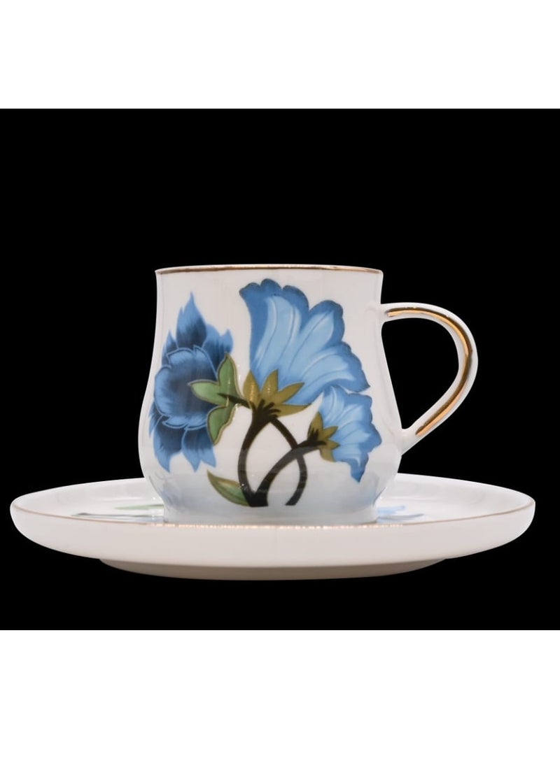 Cottage Rose 12PCs Porcelain Tea Cup with Saucers, Include of 200 ml Floral Design 6Pcs tea Cup and 6Pcs Saucers Royal Ceramic Teacup Set, Espresso Latte Mugs (Blue)