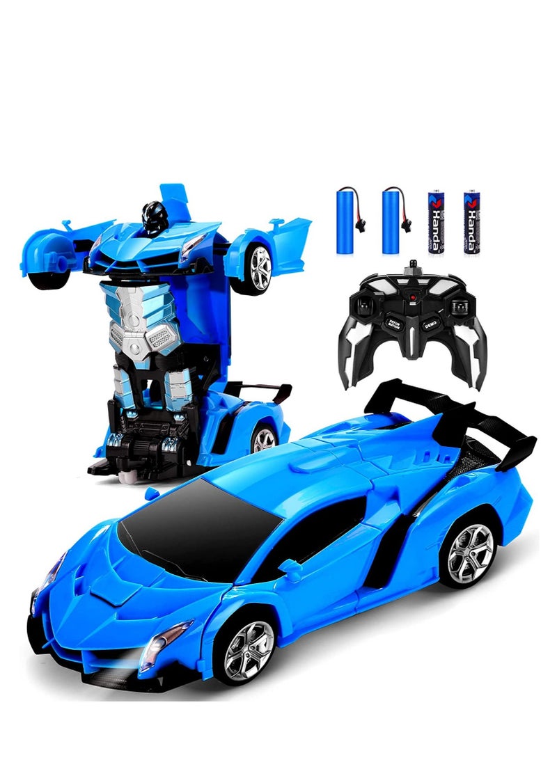 Rambo Blue Remote Control Car Transform Robot RC Car with 40MHz Version Remote And One Button Transforming 360 Degree Rotation Drifting Ideal Car Scale and Birthday Gift