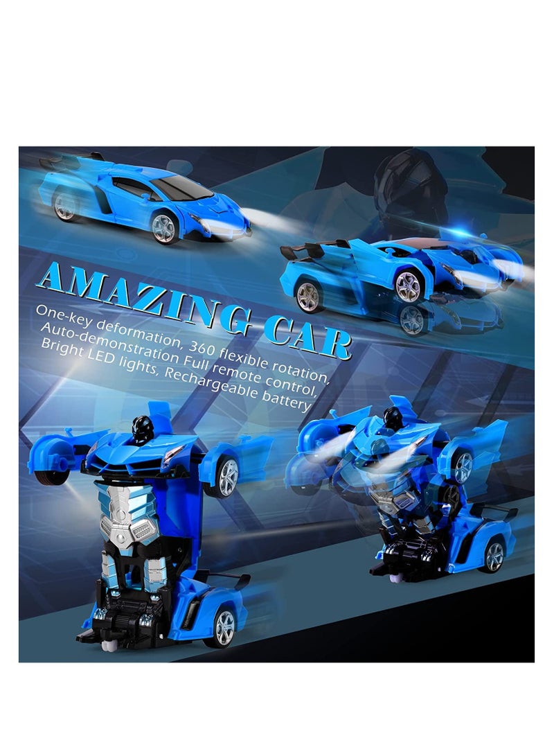 Rambo Blue Remote Control Car Transform Robot RC Car with 40MHz Version Remote And One Button Transforming 360 Degree Rotation Drifting Ideal Car Scale and Birthday Gift