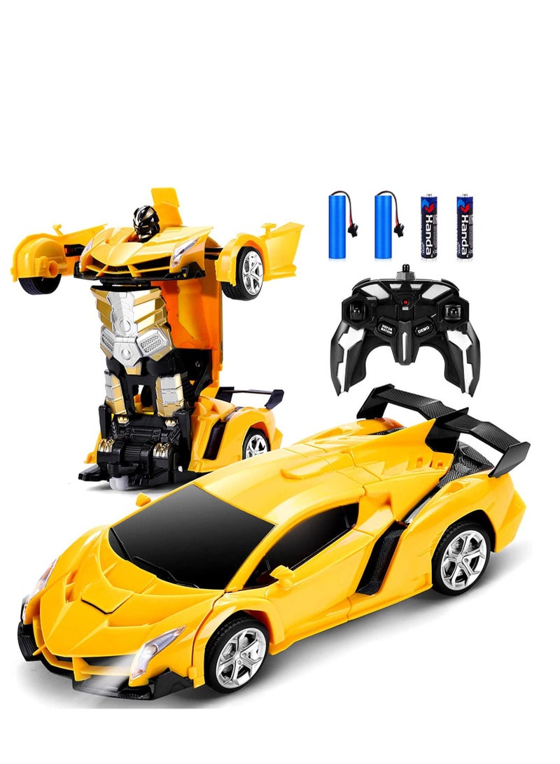 Rambo Yellow Remote Control Car Transform Robot RC Car with 40MHz Version Remote And One Button Transforming 360 Degree Rotation Drifting Ideal Car Scale and Birthday Gift