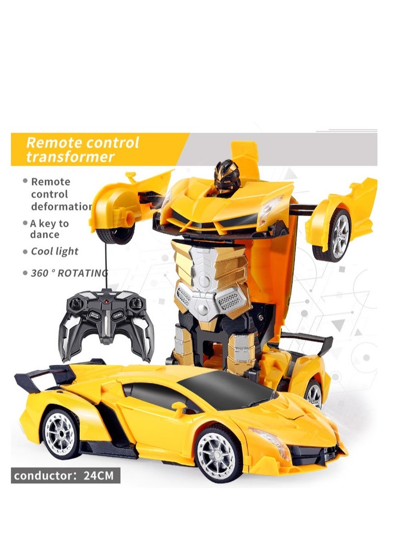 Rambo Yellow Remote Control Car Transform Robot RC Car with 40MHz Version Remote And One Button Transforming 360 Degree Rotation Drifting Ideal Car Scale and Birthday Gift