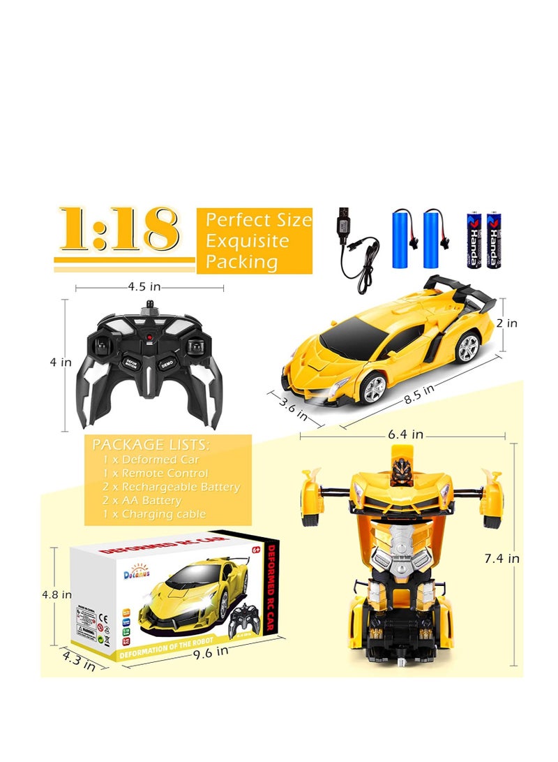 Rambo Yellow Remote Control Car Transform Robot RC Car with 40MHz Version Remote And One Button Transforming 360 Degree Rotation Drifting Ideal Car Scale and Birthday Gift