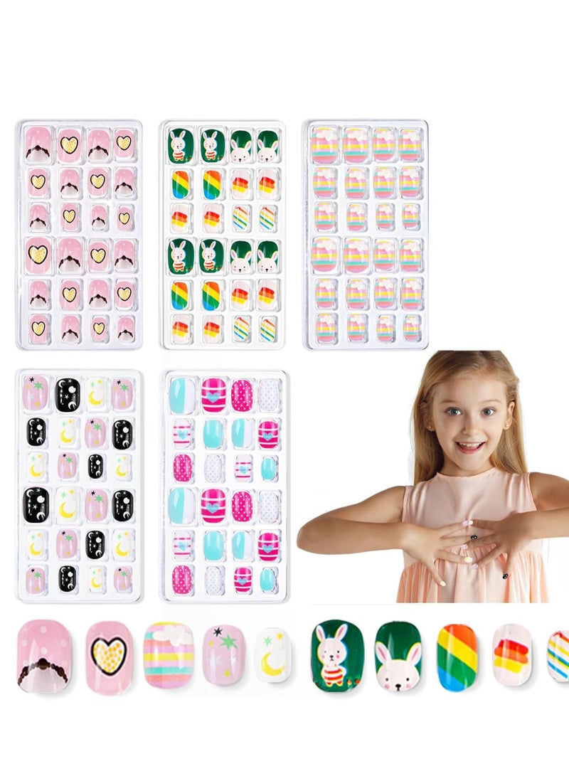 120 Pcs Kids False Nails Fake Press on for Girls Pre-glued Nail Stickers for Gift DIY Art Decor 5 Boxes with Diamond Face Sticker Decoration