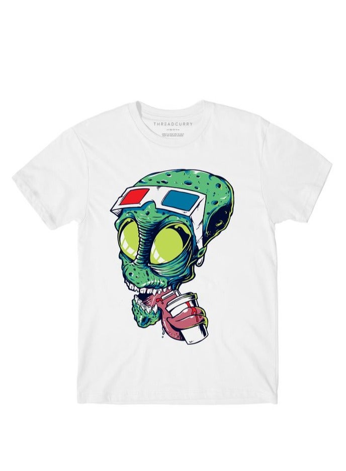 THREADCURRY Alien Moods Alien Boys White Printed Round Neck T-shirt
