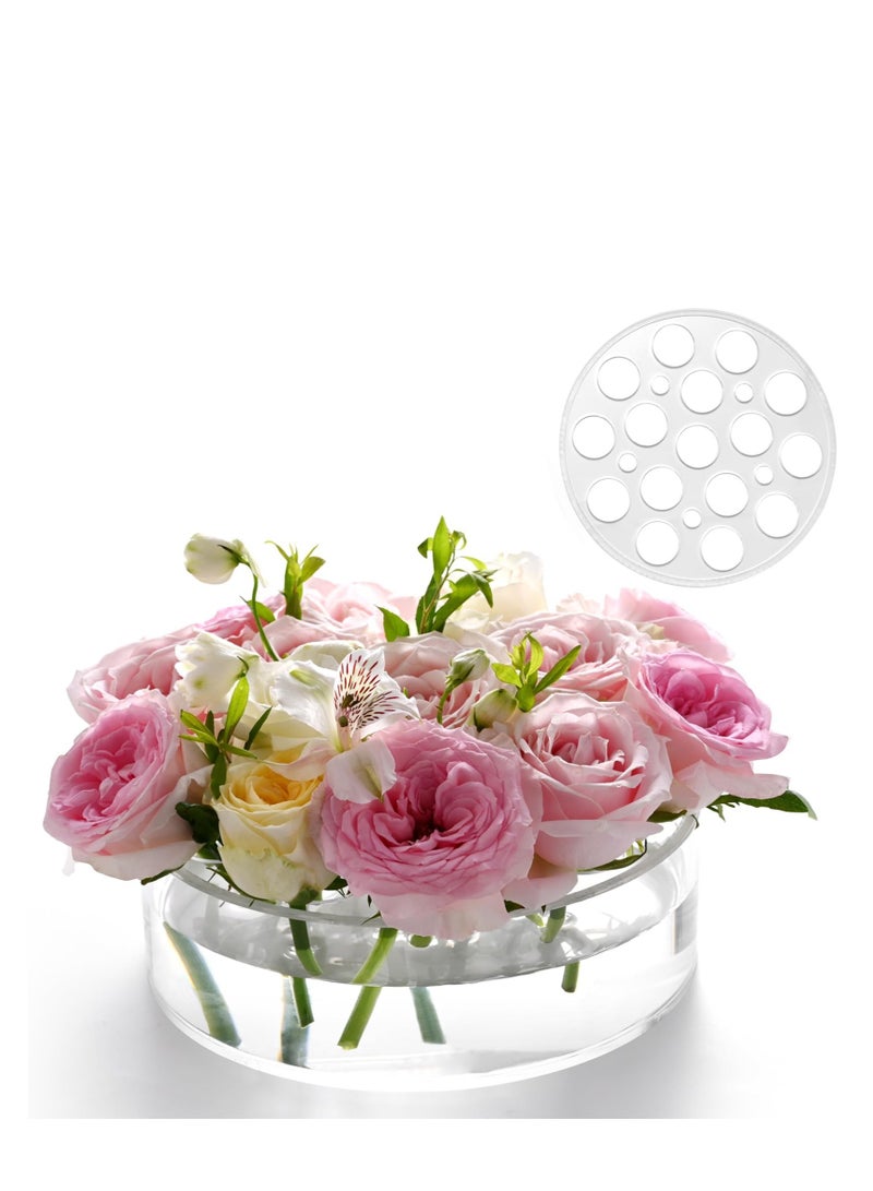 Clear Circular Leak-Proof Clear Acrylic Low Vase, Modern Round Acrylic Vase for Centerpieces, 16+5 Holes Acrylic Flower Vase, Suitable for Gifting Valentine's Day, Weddings, Birthdays