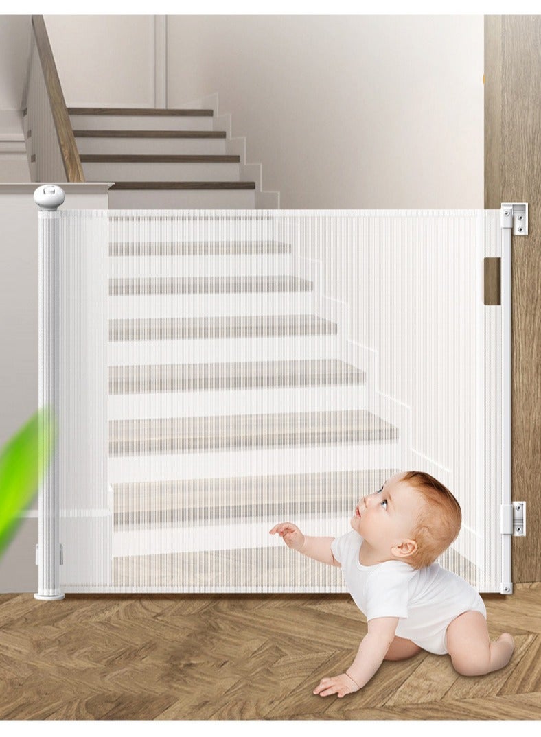 Retractable Baby Gate Mesh Safety Gate for Babies and Pets Extra Wide Safety Baby Gate  86 x140cm (Need to Punch) Pet Dog Gate for Doorways Stairs Indoor Outdoor (White)