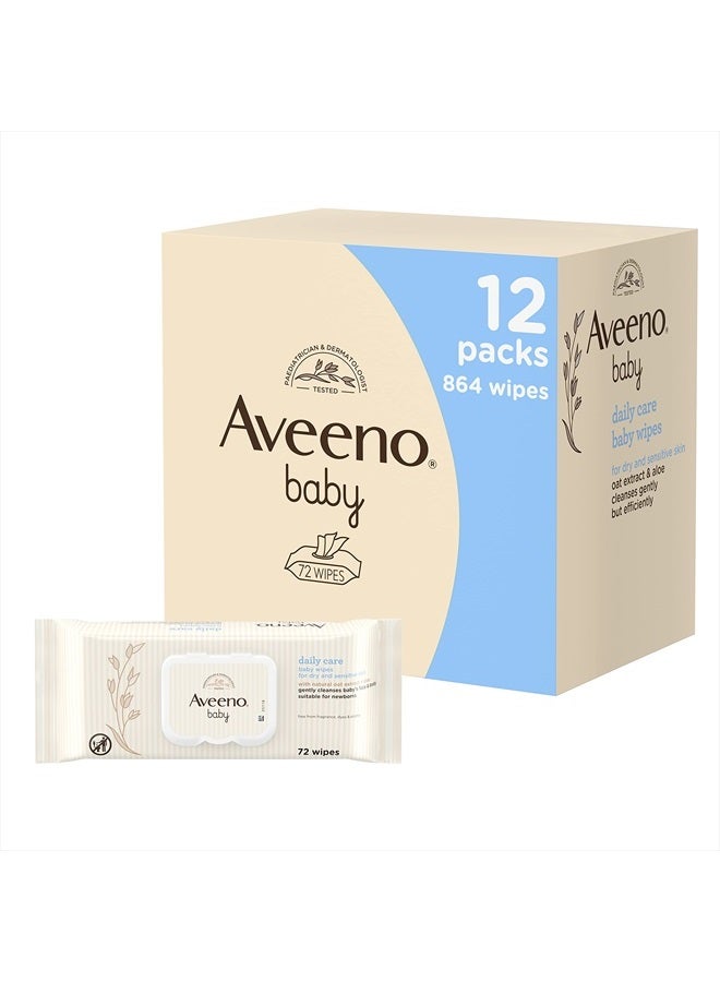 AVEENO Baby Daily Care Wipes - Cleanse Gently and Efficiently - Baby Wipes - Baby Essentials - 72 Wipes, Lid On Each Pack, Pack of 12 (864 Wipes in Total)