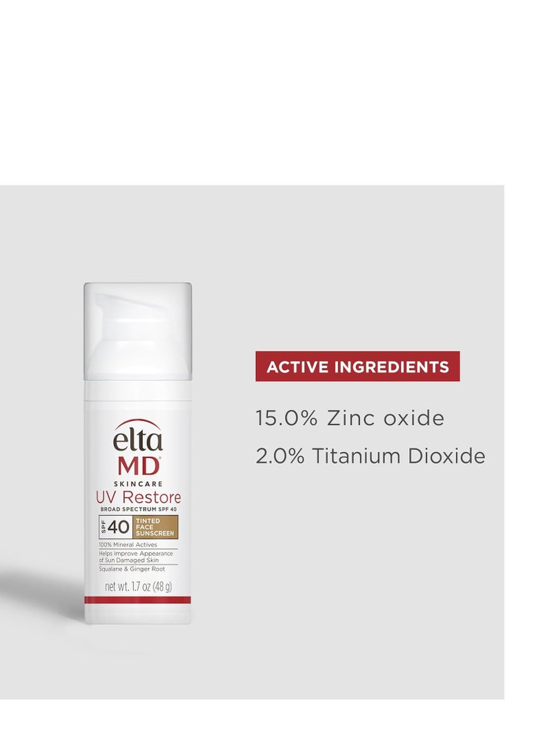 EltaMD UV Restore Tinted Face Sunscreen, SPF 40 Tinted Mineral Sunscreen for Sun Damaged Skin Repair, Zinc Oxide Sunscreen Formula