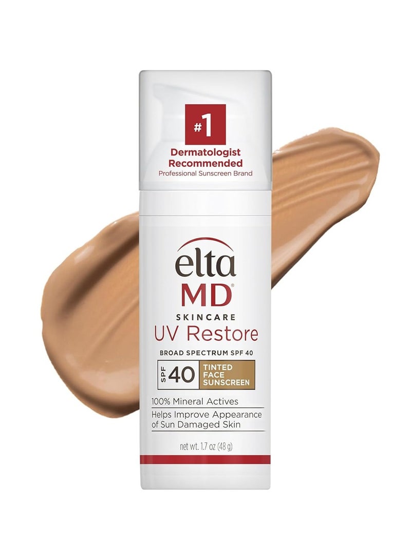 EltaMD UV Restore Tinted Face Sunscreen, SPF 40 Tinted Mineral Sunscreen for Sun Damaged Skin Repair, Zinc Oxide Sunscreen Formula