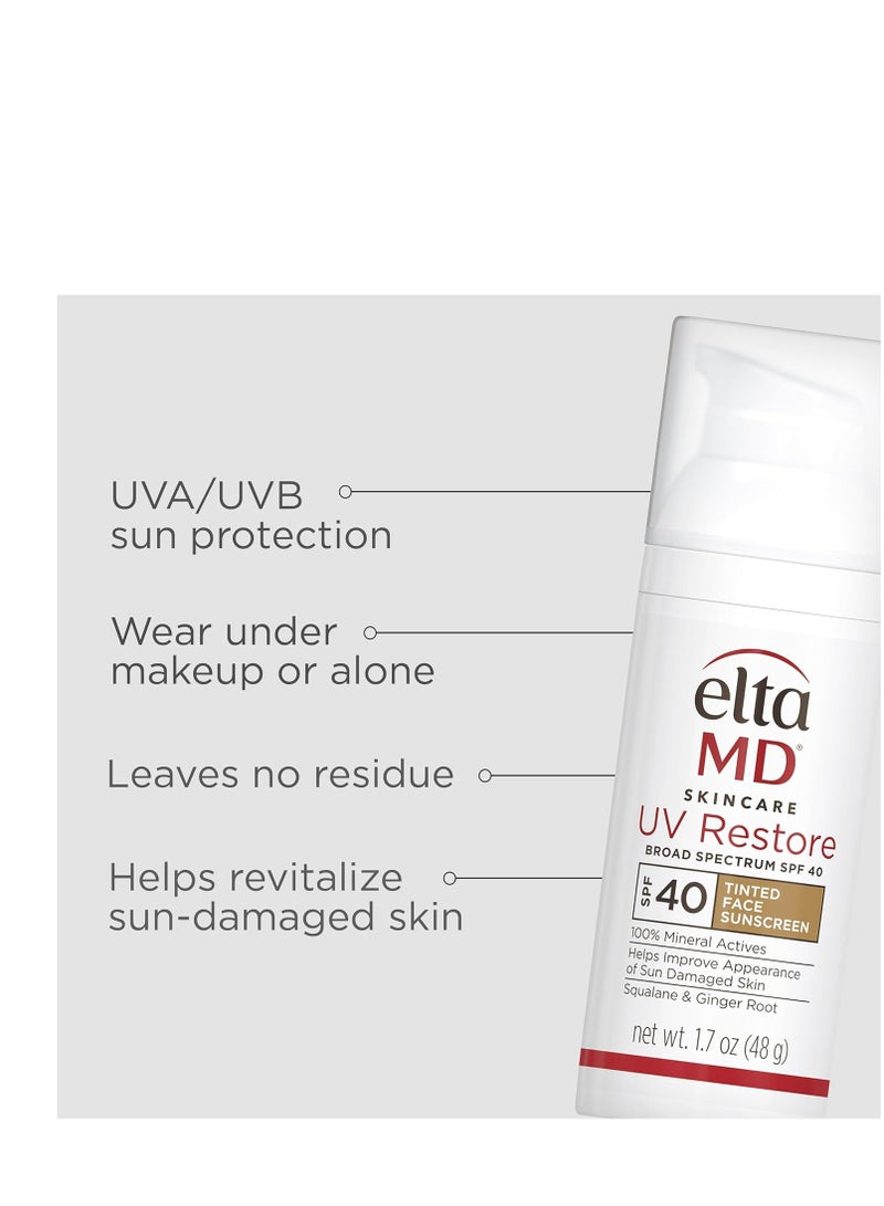 EltaMD UV Restore Tinted Face Sunscreen, SPF 40 Tinted Mineral Sunscreen for Sun Damaged Skin Repair, Zinc Oxide Sunscreen Formula