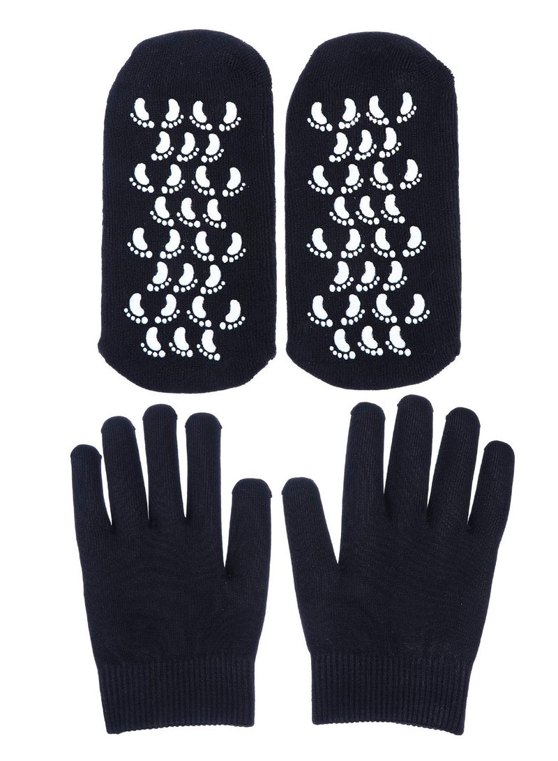 Moisturizing Socks and Gloves Set Soft Cotton with Thermoplastic Gel Repair and Heal Eczema Cracked Dry Skin Gel Lining Infused with Essential Oils and Vitamins Large Size  Black