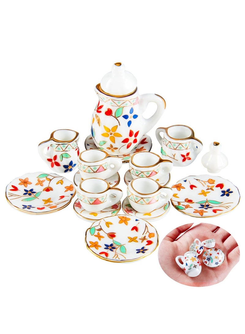 Miniature Porcelain Tea Cup Set Dollhouse Kitchen Accessories Set Small Party Accessories Teapot for Kids Flower Pattern Teapot Cup Plates 15 Pieces